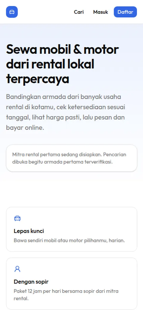 Tampilan mobile Vehicle Rent